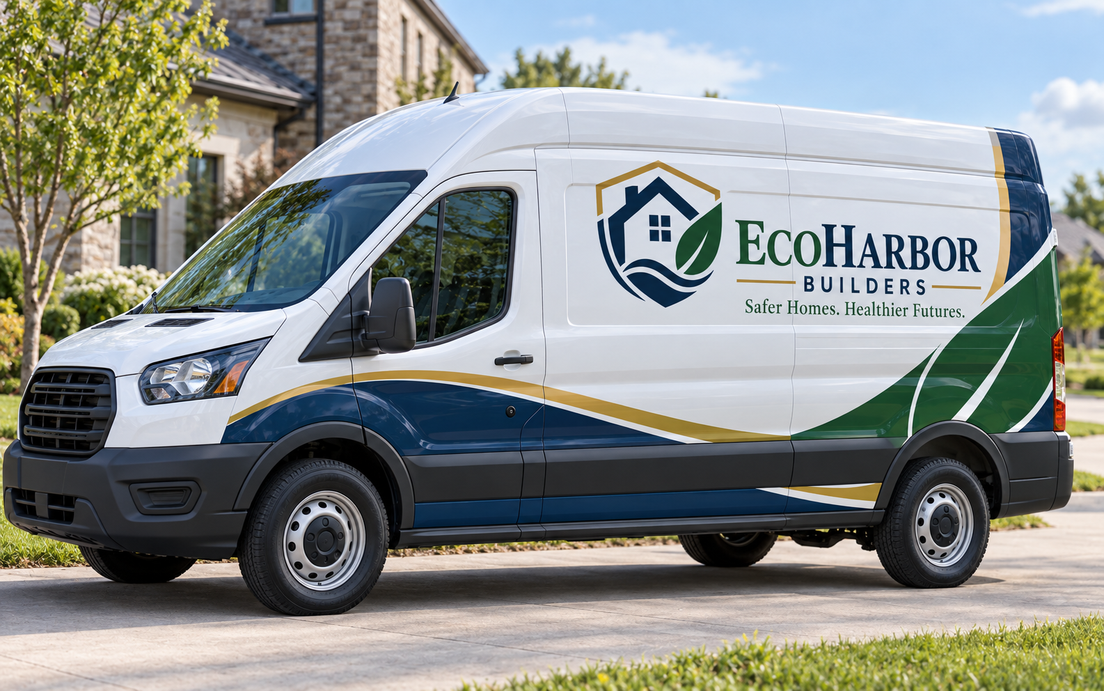 EcoHarbor Builders transit work van with a navy, green, white, and gold branded vehicle wrap