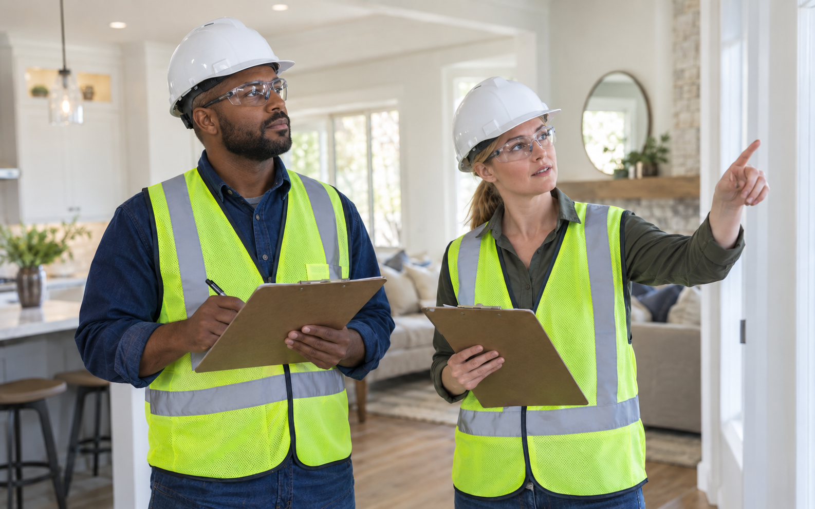 A man and woman inspecting a home while wearing hard hats and safety glasses and holding clipboards